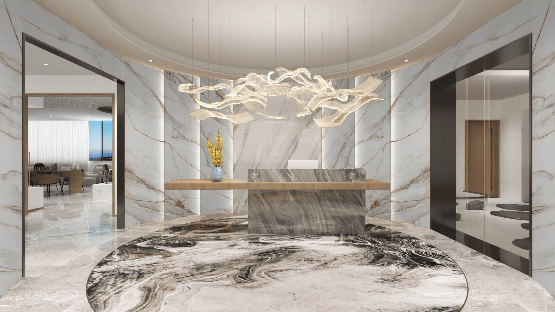 Sleek reception room corridor with LED lighting