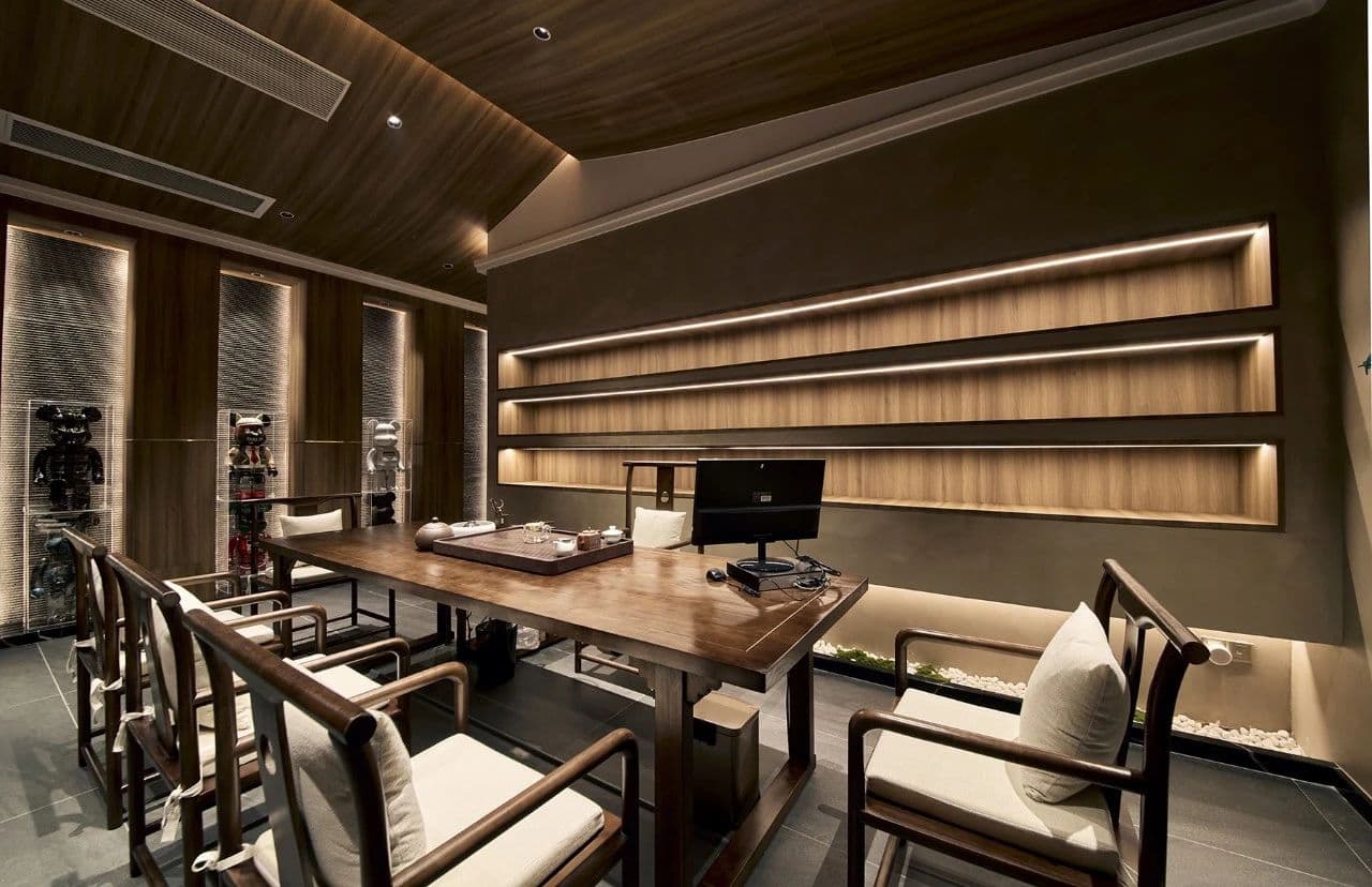 Upscale restaurant with wooden furniture